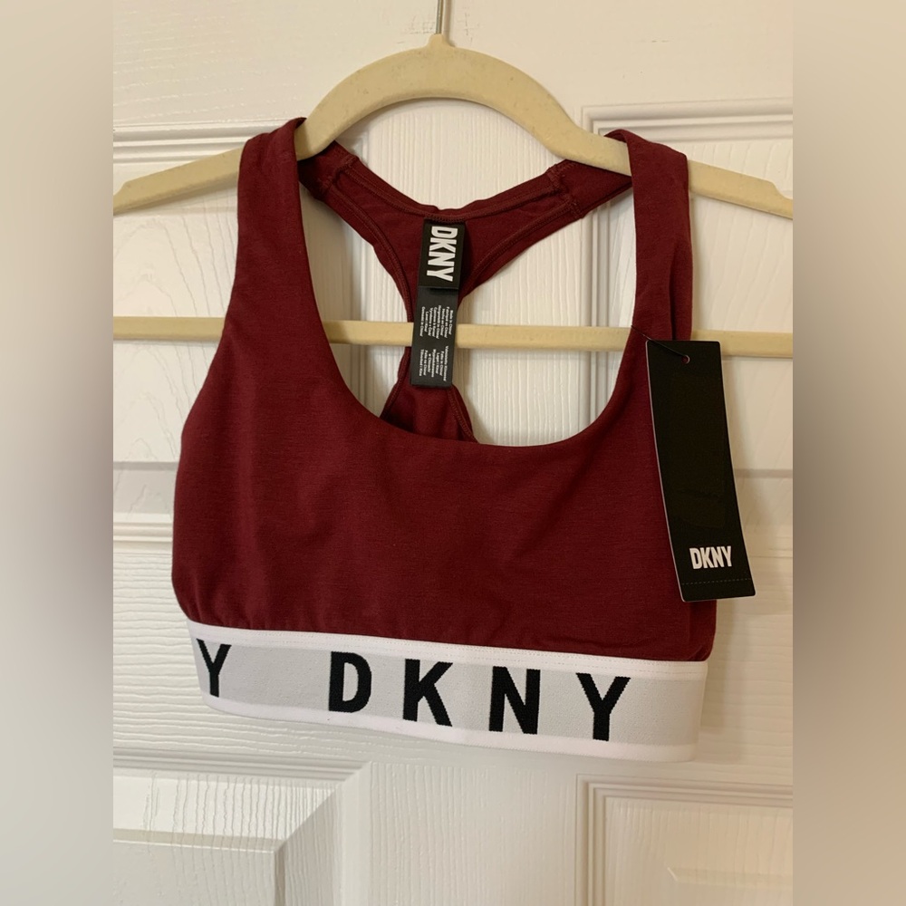 NWT DKNY Burgundy Sports Bra‎ with White Brand Logo Band Size S Minimalist